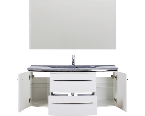 Waschtischkombination mit Spiegel, Waschbecken, Armatur, Schubladen und Schrankfächern