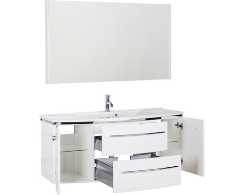 Weißer Waschtisch mit Spiegel, Becken, Armatur, Schubladen und Schrankfächern für das Badezimmer