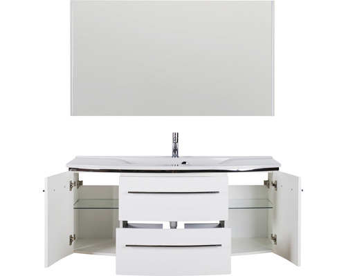 Waschtischkombination mit Spiegel, Unterschrank, Waschbecken und Armatur