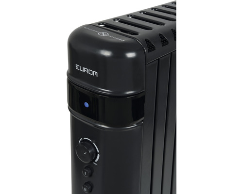 Detailansicht eines schwarzen Ölradiators mit Bedienelementen und Eurom Logo.