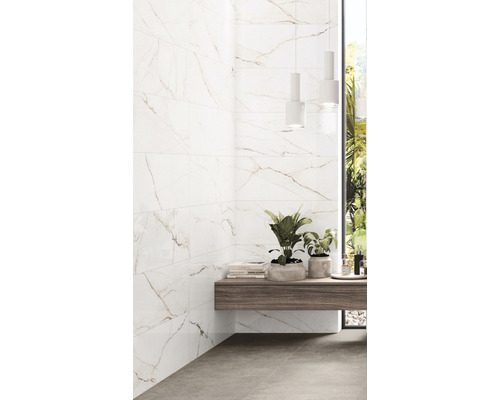 Helles Badezimmer mit Wandfliesen in Marmoroptik, Holzregal und Zimmerpflanzen.