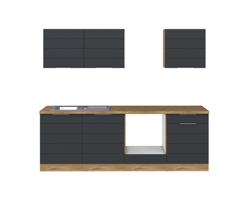 Küchenblock Held Möbel Florenz 240 cm grau matt/eiche hell Küchenzeile mit Spüle, Schubladen und Hängeschränken