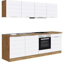 Küchenzeile mit Spüle, Kochfeld, Backofen und Hängeschränken