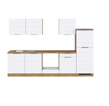 Küchenzeile mit Hängeschränken, Spüle und Schubladen