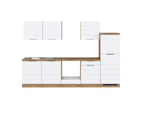 Küchenblock Held Möbel Florenz 300 cm weiß matt/eiche hell Küchenzeile mit Hängeschränken, Spüle und Schubladen