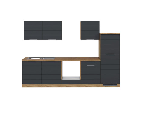Küchenblock Held Möbel Florenz 300 cm grau matt/eiche hell Küchenzeile mit Spüle, Arbeitsplatte und Schränken