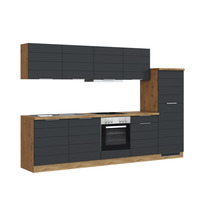 Komplette Küchenzeile mit Ober- und Unterschränken, inklusive Backofen und Dunstabzugshaube.