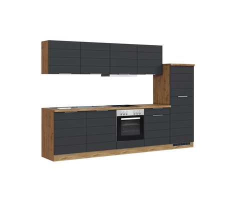 Komplette Küchenzeile mit Ober- und Unterschränken, inklusive Backofen und Dunstabzugshaube.