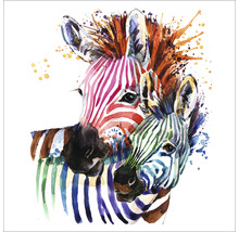 Aquarelldarstellung von zwei Zebras mit farbigen Streifen