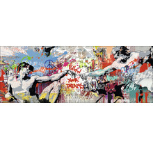 Wandbild mit Graffiti-Kunst, das die Erschaffung Adams mit Figuren in moderner Kleidung zeigt