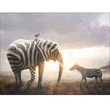Dekoratives Bild mit einem Elefanten mit Zebramuster, einem Vogel auf dem Rücken und einem Zebra in der Savanne.