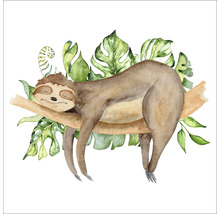 Illustration eines Faultiers auf einem Ast mit tropischen Blättern
