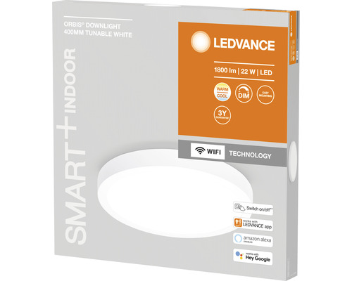 Verpackung einer LEDVANCE Orbis Downlight mit 400 Millimeter Durchmesser, einstellbarem Weißton, Smart Indoor und WLAN-Technologie.