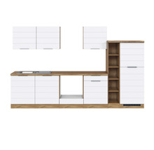 Küchenzeile mit Spüle, Hängeschränken und Stauraumelementen in Holzoptik