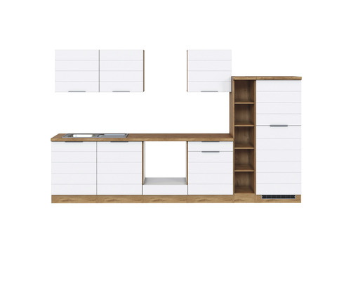Küchenblock Held Möbel Florenz 330 cm weiß matt/eiche hell Küchenzeile mit Spüle, Hängeschränken und Stauraumelementen in Holzoptik
