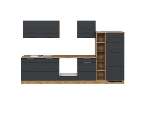 Küchenblock Held Möbel Florenz 330 cm grau matt/eiche hell Küchenzeile mit Spüle, Hängeschränken und Regalen