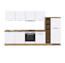 Küchenzeile mit Hängeschränken, Spüle, Kochfeld, Backofen und Hochschrank