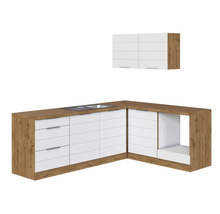 Eckküche mit Spüle, Kochfeld und Hängeschrank