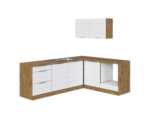 Winkelküche Held Möbel Florenz 240 cm weiß matt/eiche hell Eckküche mit Spüle, Kochfeld und Hängeschrank