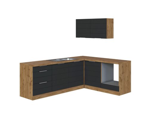 Winkelküche Held Möbel Florenz 240 cm grau matt/eiche hell Küchenzeile mit Spüle und Hängeschrank