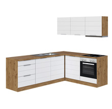 Moderne Küchenzeile mit Spüle, Kochfeld, Backofen und Hängeschränken