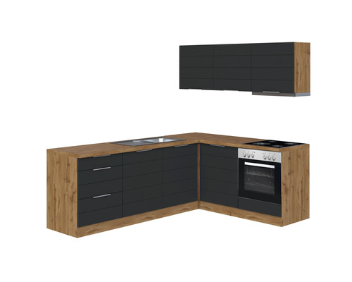 Einbauküche mit Spüle, Kochfeld und Hängeschrank