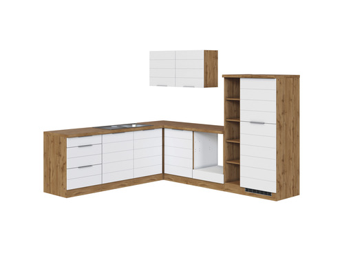 Winkelküche Held Möbel Florenz 240 cm weiß matt/eiche hell Einbauküche mit weißen Fronten und Holzstruktur