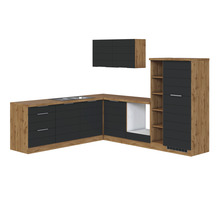 Küchenzeile mit Arbeitsplatte, Unterschränken und Hängeschrank