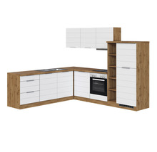 Komplette Eckküche mit Arbeitsplatte, Spüle, Herd, Backofen und Hängeschränken.