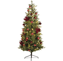 Geschmückter Christbaum mit Kugeln und Blumen