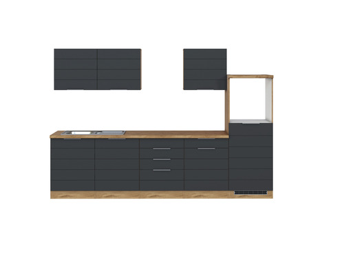 Küchenblock Held Möbel Florenz 300 cm grau matt/eiche hell Küchenzeile mit Spüle, Hängeschränken und Arbeitsplatte in Holzoptik