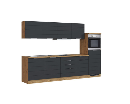 Moderne Küche mit Ober- und Unterschränken sowie eingebautem Ofen