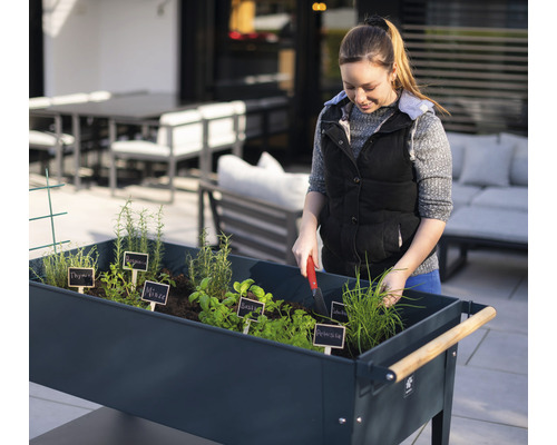 Frau arbeitet im Gartenbeet mit Kräutern im Freien