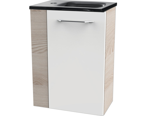 Waschbeckenunterschrank mit einer Tür und einer schwarzen Spüle