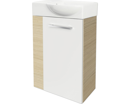 Waschtischunterschrank mit Waschbecken, weißer Tür und Holzoptik an den Seiten