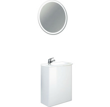 Badezimmer mit Spiegelschrank und rundem Spiegel