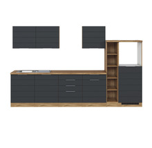 Komplette Küchenzeile mit Spüle, Hängeschränken und Regalen