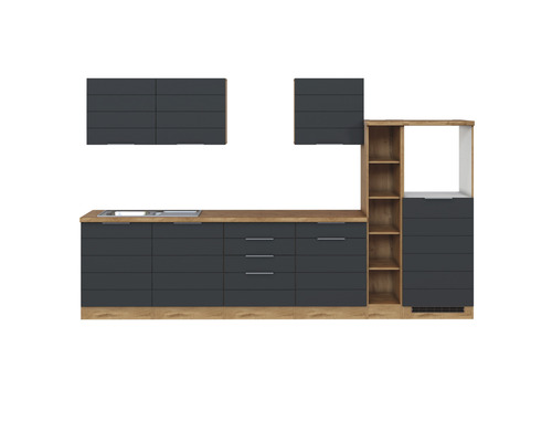 Küchenblock Held Möbel Florenz 330 cm grau matt/eiche hell Komplette Küchenzeile mit Spüle, Hängeschränken und Regalen