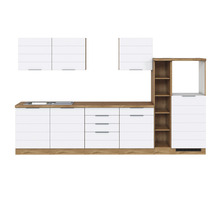 Moderne Küche mit weißen Schränken und Arbeitsplatte in Holzoptik