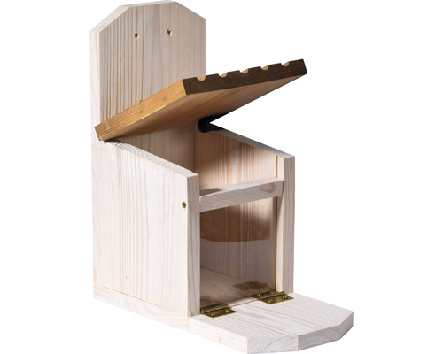 Offener Futterautomat aus Holz für Wildvögel