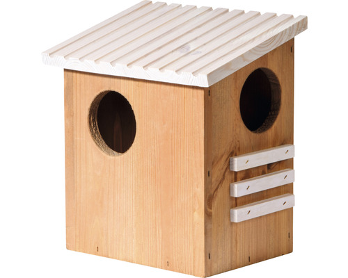 Vogelhaus aus Holz mit zwei runden Eingängen
