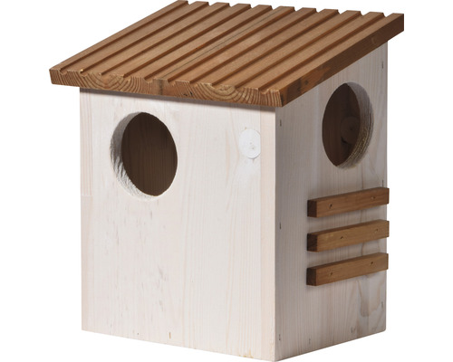 Vogelhaus aus Holz mit zwei Einfluglöchern und Dach