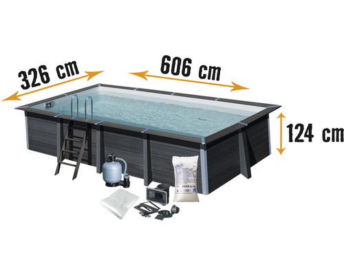 Aufstellpool WPC-Pool-Set Gre eckig 606x326x124 cm inkl. Sandfilteranlage, Skimmer, Leiter, Filtersand & Bodenschutzvlies grau