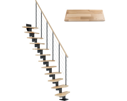 Pertura Mittelholmtreppe Raumspartreppe Vaia Anthrazit Variabel variabel 1/4 gewendelt unten links/rechts Gerade 64 cm Stabgeländer Buche Leimholz Lackiert 11 Stufen / 12 Steigungen