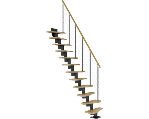 Pertura Mittelholmtreppe Raumspartreppe Vaia Anthrazit Variabel variabel 1/4 gewendelt unten links/rechts Gerade 64 cm Stabgeländer Eiche Leimholz Lackiert 13 Stufen / 14 Steigungen Raumspartreppe mit Holzstufen und Geländer