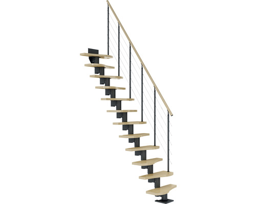 Pertura Mittelholmtreppe Raumspartreppe Vaia Anthrazit Variabel variabel 1/4 gewendelt unten links/rechts Gerade 64 cm Stabgeländer Ahorn Leimholz Lackiert 13 Stufen / 14 Steigungen Holztreppe mit Stahlseilgeländer