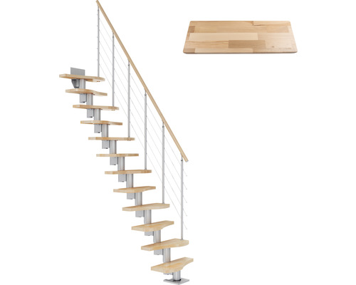 Pertura Mittelholmtreppe Raumspartreppe Vaia Perlgrau Variabel variabel 1/4 gewendelt unten links/rechts Gerade 64 cm Stabgeländer Buche Leimholz Lackiert 12 Stufen / 13 Steigungen Freitragende Treppe mit Holzstufen und Treppenstufe aus Holz