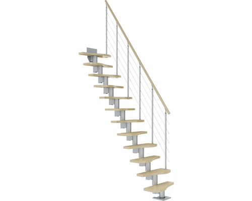 Pertura Mittelholmtreppe Raumspartreppe Vaia Perlgrau Variabel variabel 1/4 gewendelt unten links/rechts Gerade 64 cm Stabgeländer Ahorn Leimholz Lackiert 13 Stufen / 14 Steigungen Raumspartreppe mit Holzstufen und Geländer aus Metall