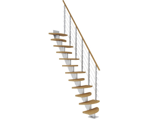 Pertura Mittelholmtreppe Aris Perlgrau Variabel variabel 1/4 gewendelt unten links/rechts Gerade 64 cm Relinggeländer Eiche Geölt 13 Stufen / 14 Steigungen Raumspartreppe mit Holzstufen und Geländer mit Edelstahlseilen