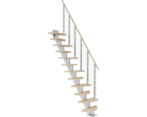 Pertura Mittelholmtreppe Aris Perlgrau Variabel variabel 1/4 gewendelt unten links/rechts Gerade 64 cm Relinggeländer Eiche Weiss geölt 12 Stufen / 13 Steigungen Raumspartreppe mit Holzstufen und Geländer mit Metallstäben